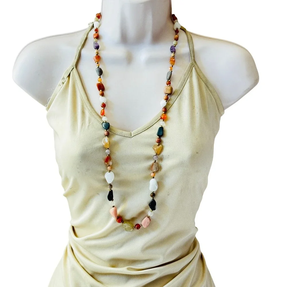 VTG NECKLACe carnelian quartz jasper Beggars round‎ Beads Natural Hippie 34